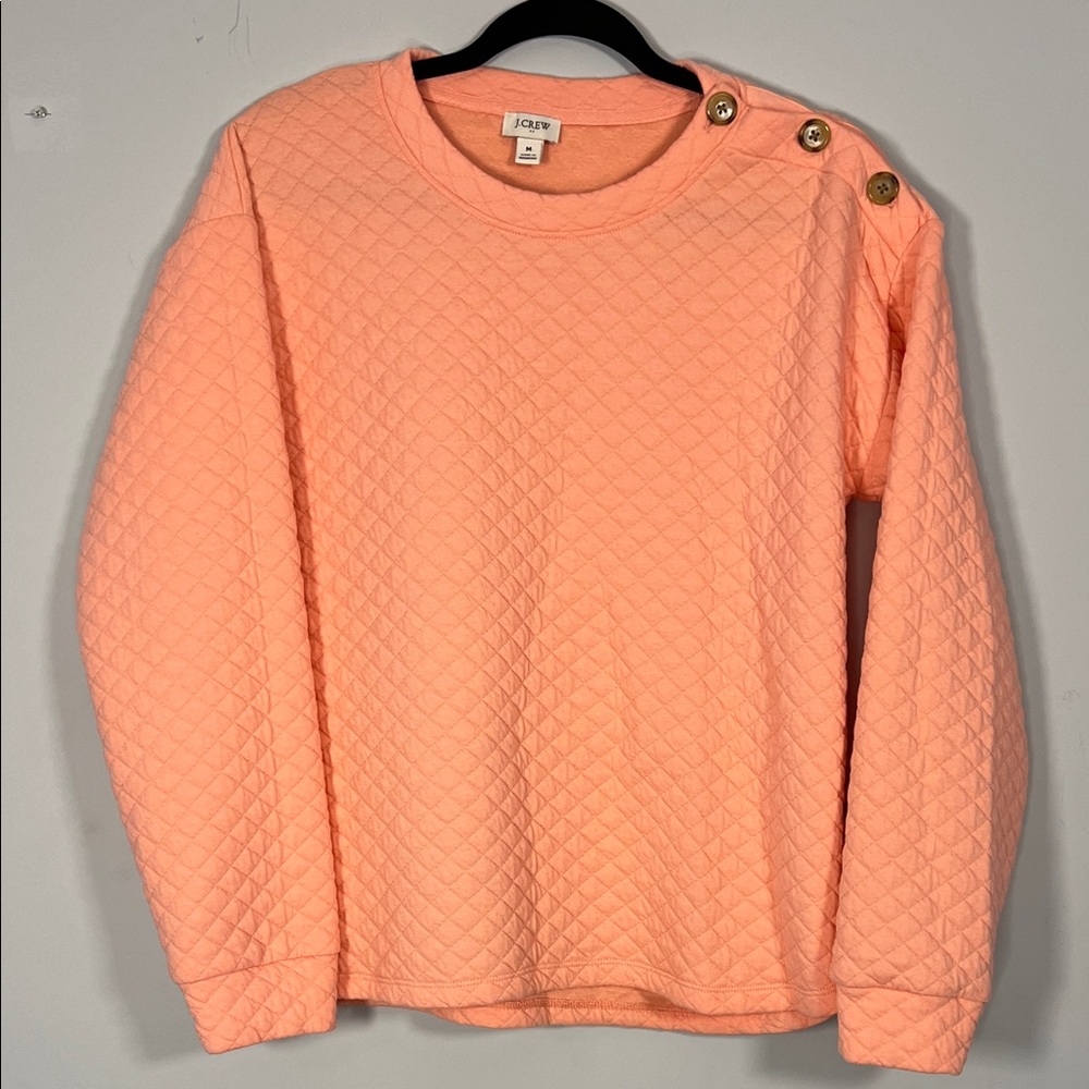 J. Crew Women's Bight Peach Orange Quilted Crewneck Pullover Gold Buttons